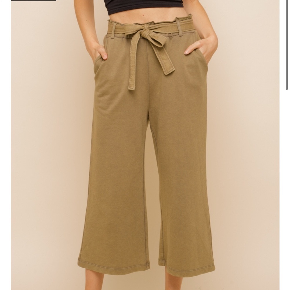 🆕Olive Green French Terry Paperbag Waist Tie High Waist Wide Leg Pants S,M & L - Picture 4 of 16